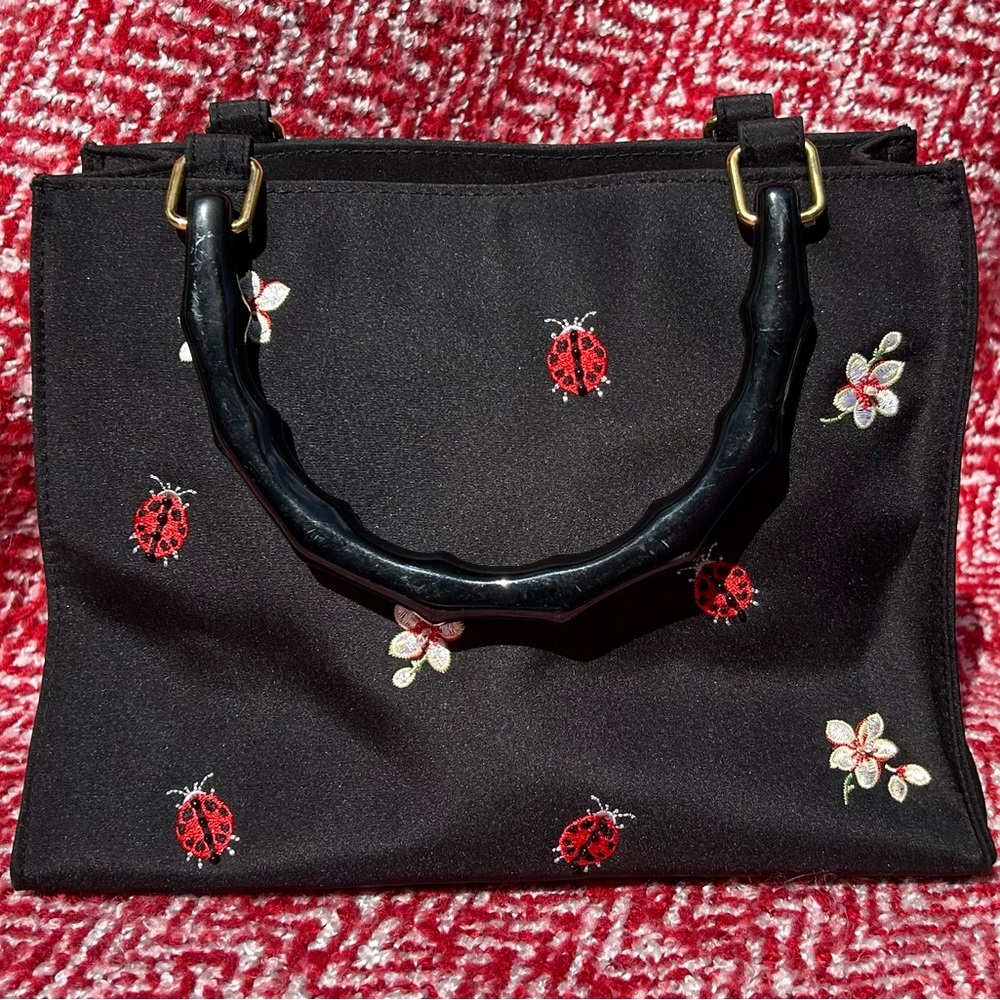 Tianni Black Embroidered Ladybug Handbag Faux Black Bamboo Handles